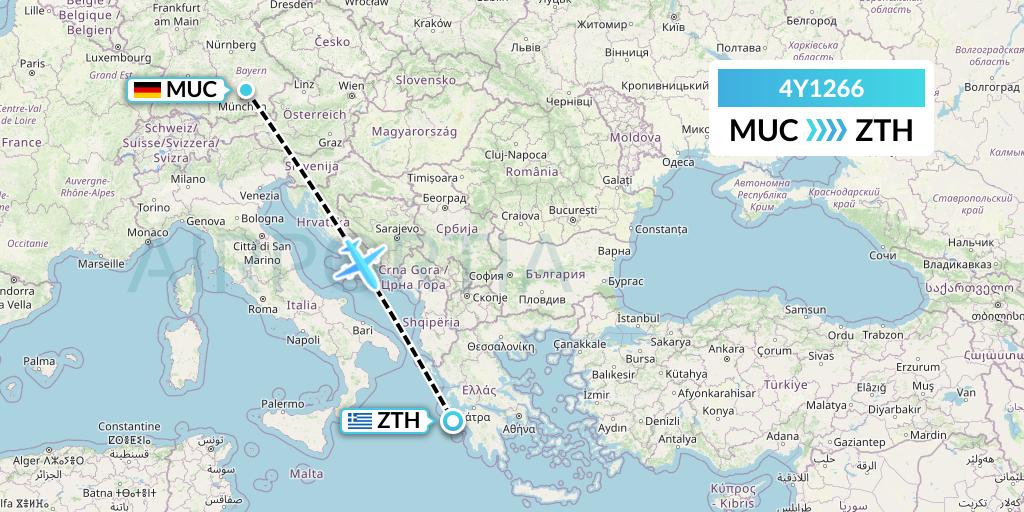 4Y1266 Eurowings Discover Flight Map: Munich to Zakynthos