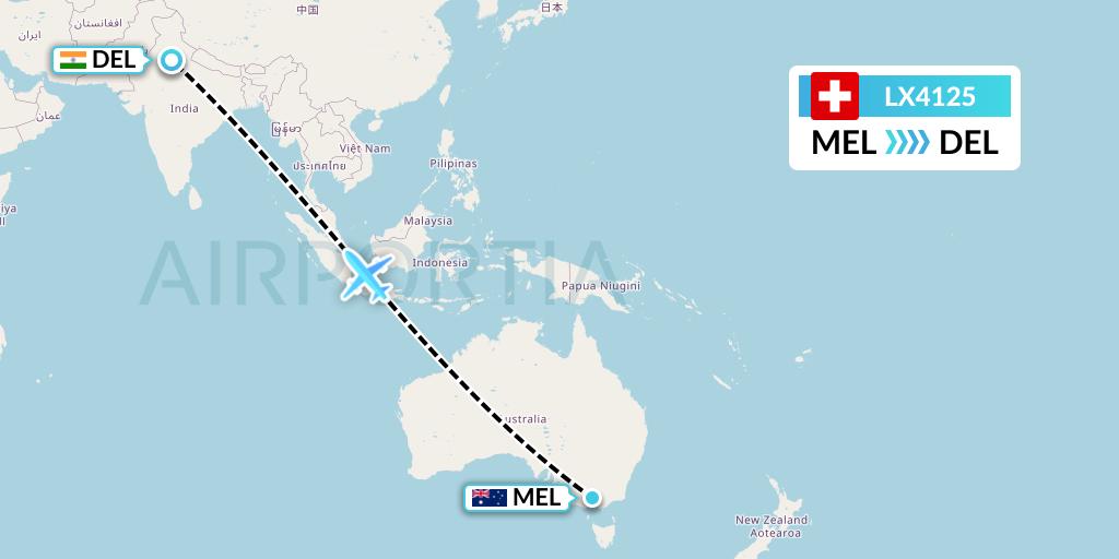 LX4125 Swiss Flight Map: Melbourne to Delhi