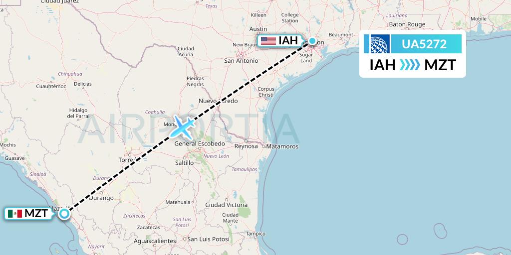 UA5272 United Airlines Flight Map: Houston to Mazatlan