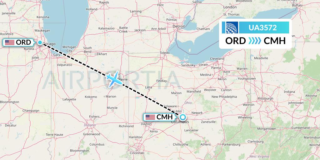 UA3572 United Airlines Flight Map: Chicago to Columbus