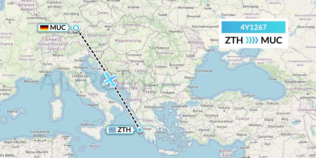 4Y1267 Eurowings Discover Flight Map: Zakynthos to Munich