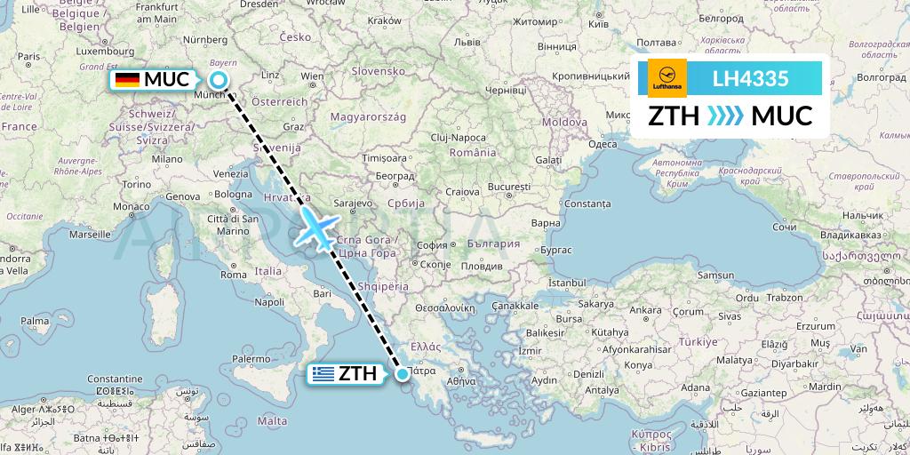 LH4335 Lufthansa Flight Map: Zakynthos to Munich