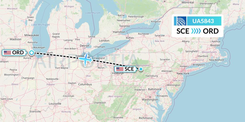 UA5843 United Airlines Flight Map: State College to Chicago