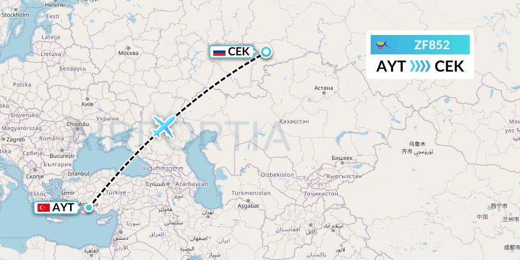ZF852 Azur Air Flight Map: Antalya to Chelyabinsk