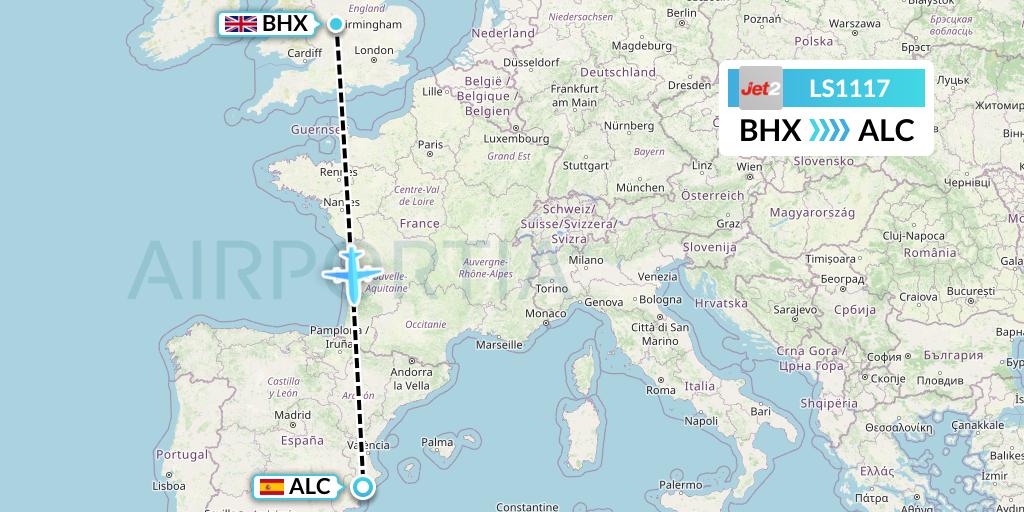 LS1117 Jet2 Flight Map: Birmingham to Alicante
