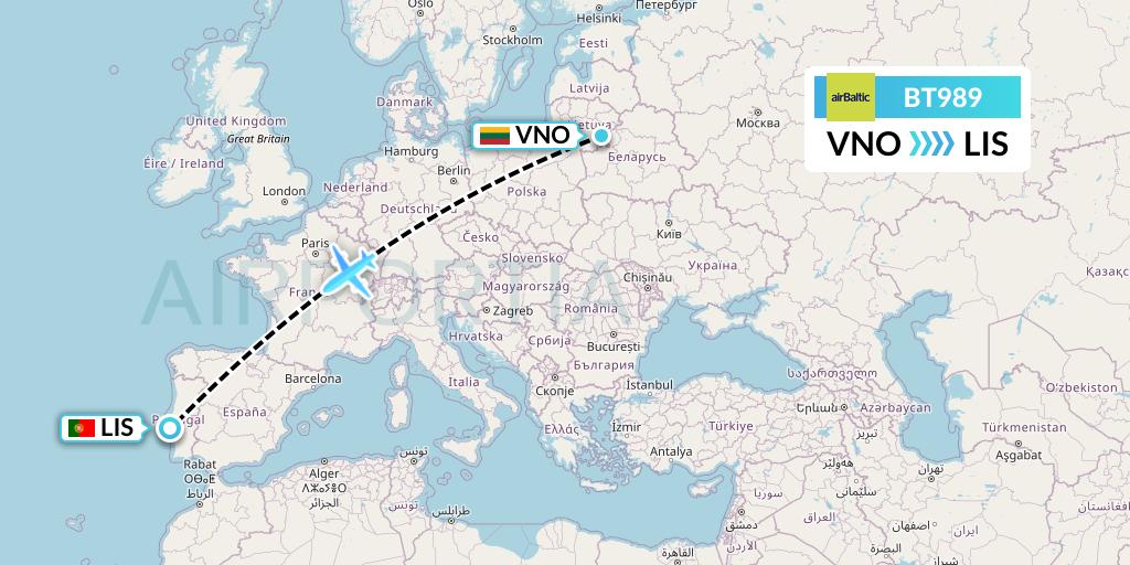 BT989 Air Baltic Flight Map: Vilnius to Lisbon