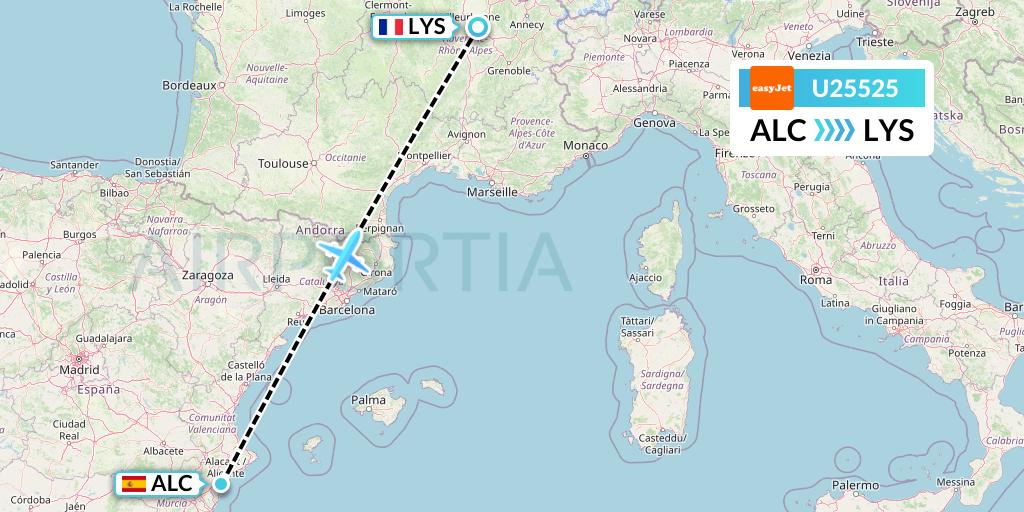U25525 EasyJet Flight Map: Alicante to Lyon