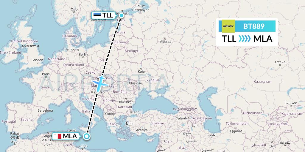 BT889 Air Baltic Flight Map: Tallinn to Malta