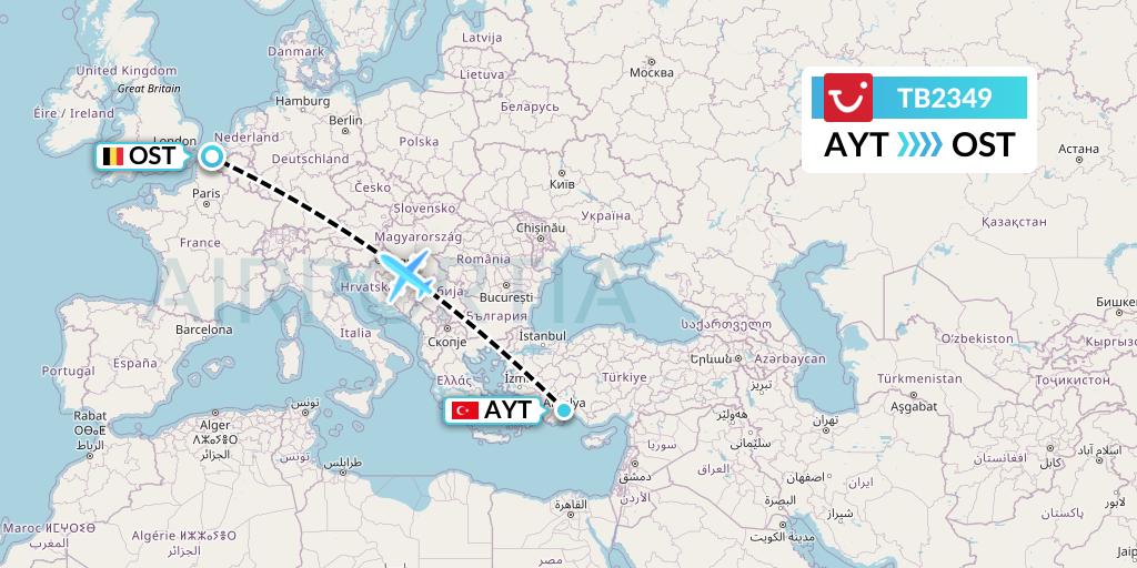 TB2349 TUI fly Belgium Flight Map: Antalya to Ostend
