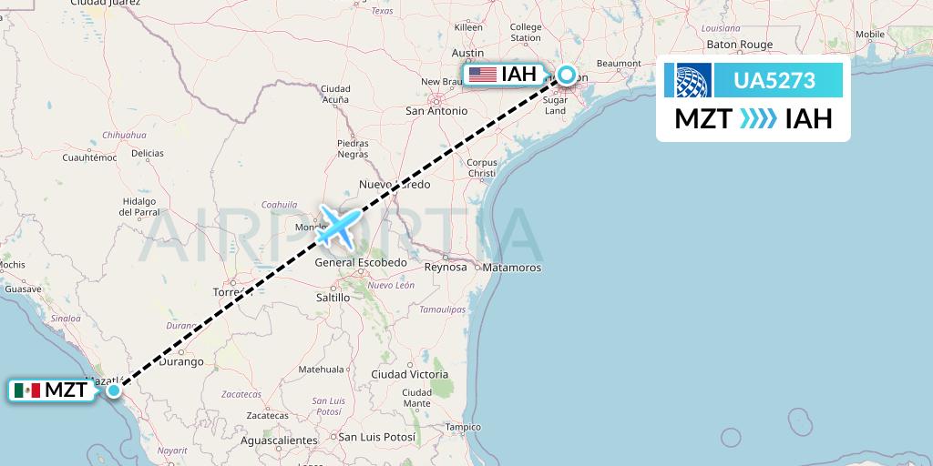 UA5273 United Airlines Flight Map: Mazatlan to Houston
