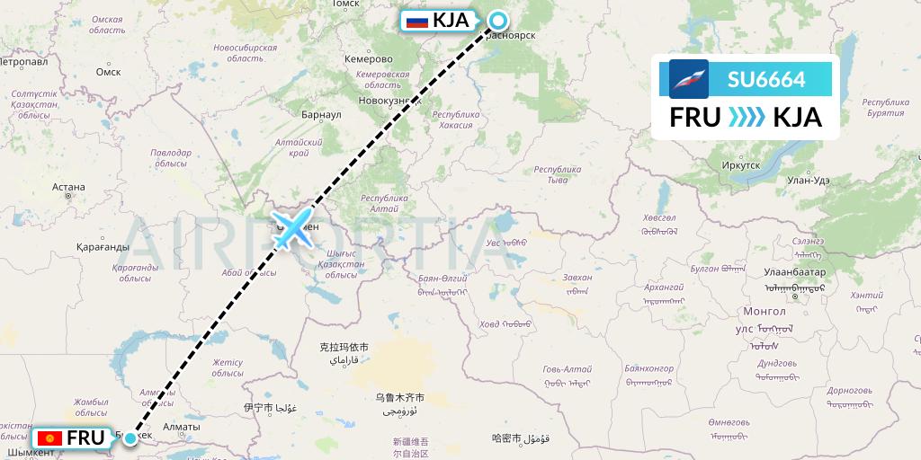 SU6664 Aeroflot Flight Map: Bishkek to Krasnoyarsk