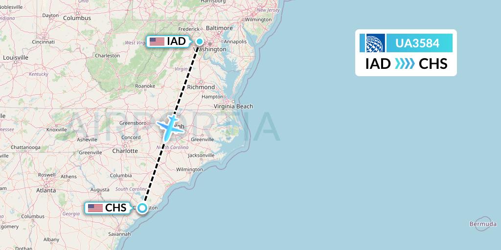 UA3584 United Airlines Flight Map: Washington to Charleston