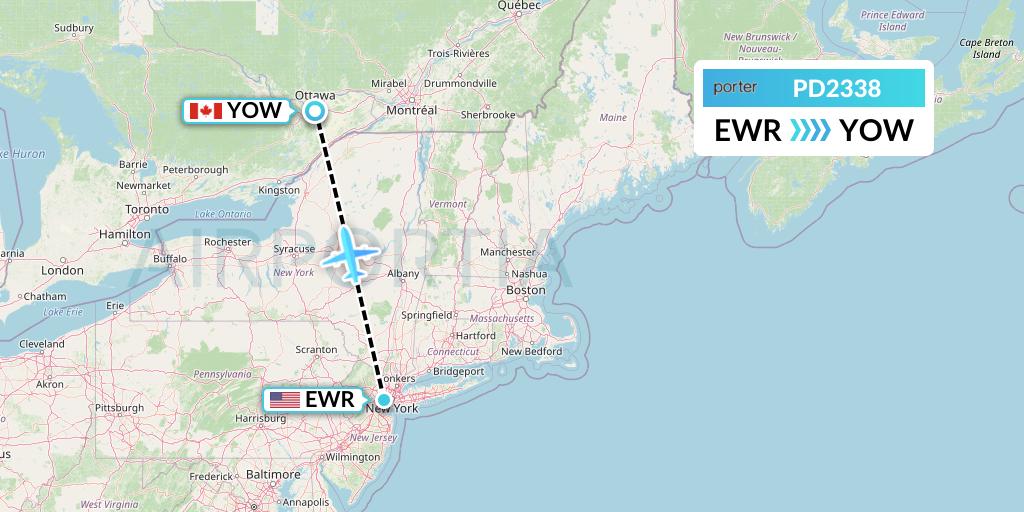 PD2338 Porter Airlines Flight Map: New York to Ottawa