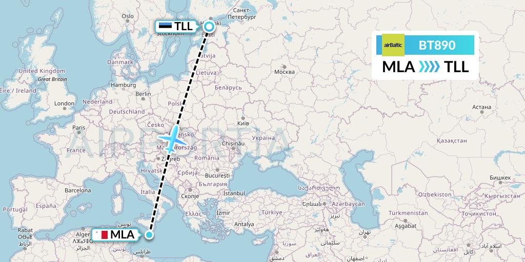 BT890 Air Baltic Flight Map: Malta to Tallinn