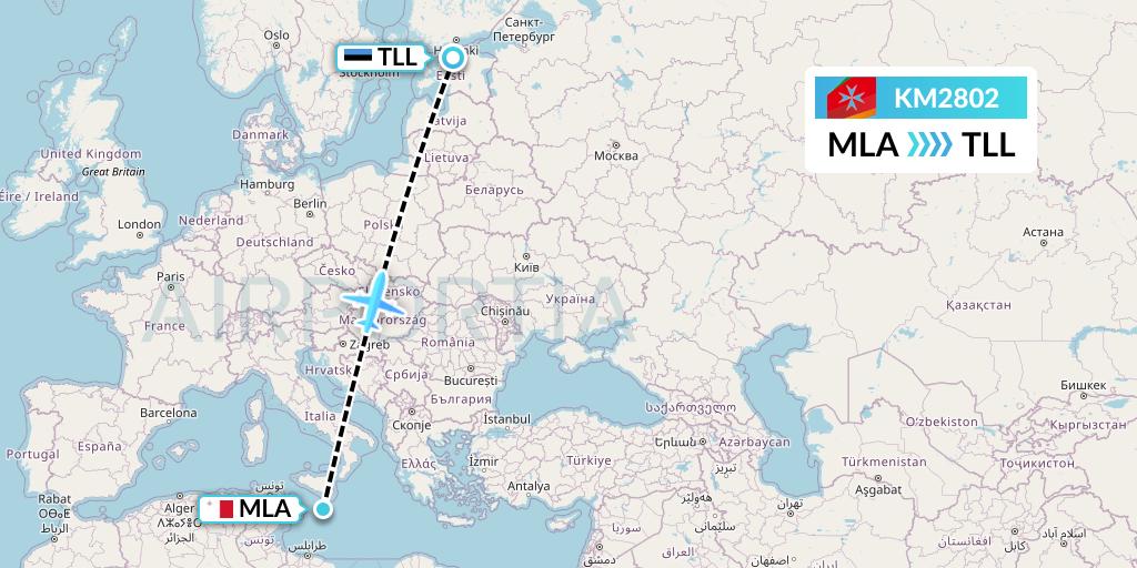 KM2802 Air Malta Flight Map: Malta to Tallinn