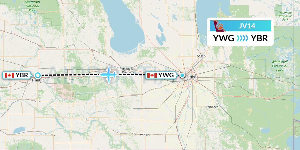 JV14 Bearskin Airlines Flight Map: Winnipeg to Brandon