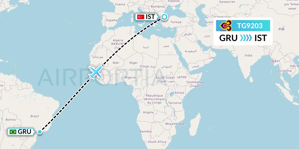 TG9203 Thai Airways Flight Map: Sao Paulo to Istanbul
