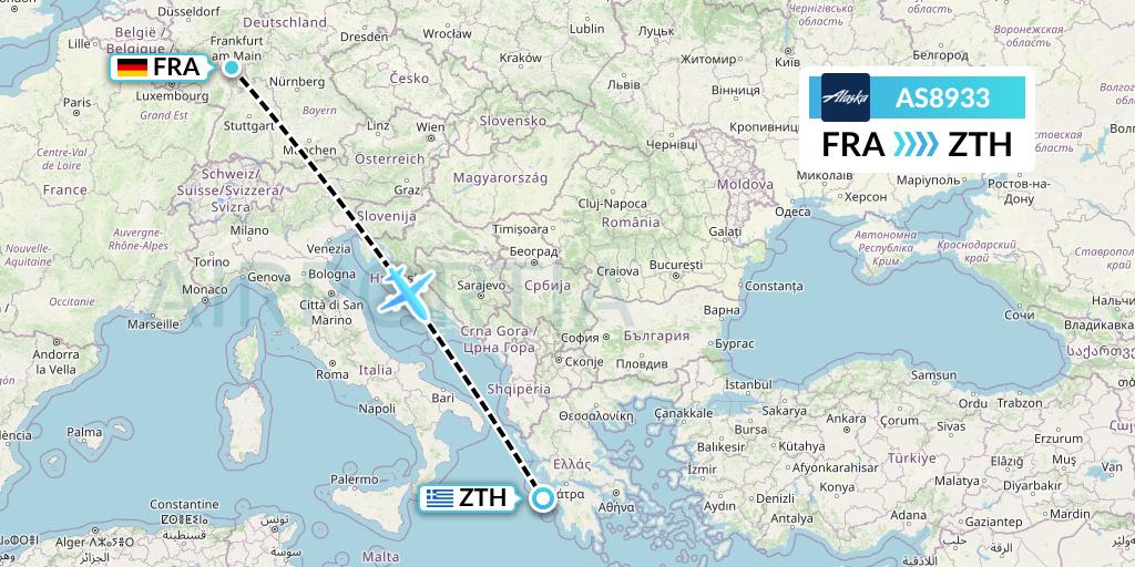 AS8933 Alaska Airlines Flight Map: Frankfurt to Zakynthos