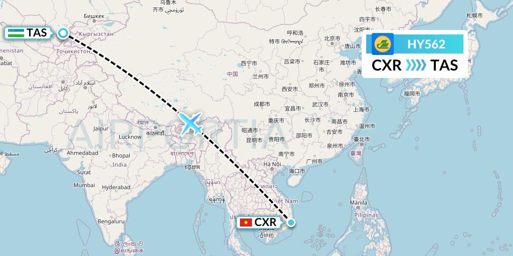 HY562 Uzbekistan Airways Flight Map: Nha Trang to Tashkent