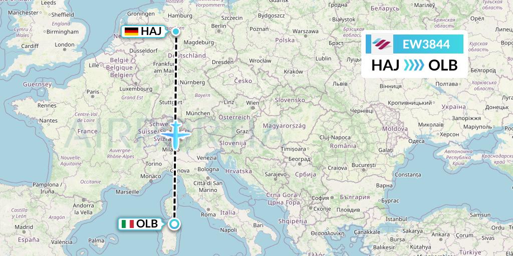 EW3844 Eurowings Flight Map: Hannover to Olbia