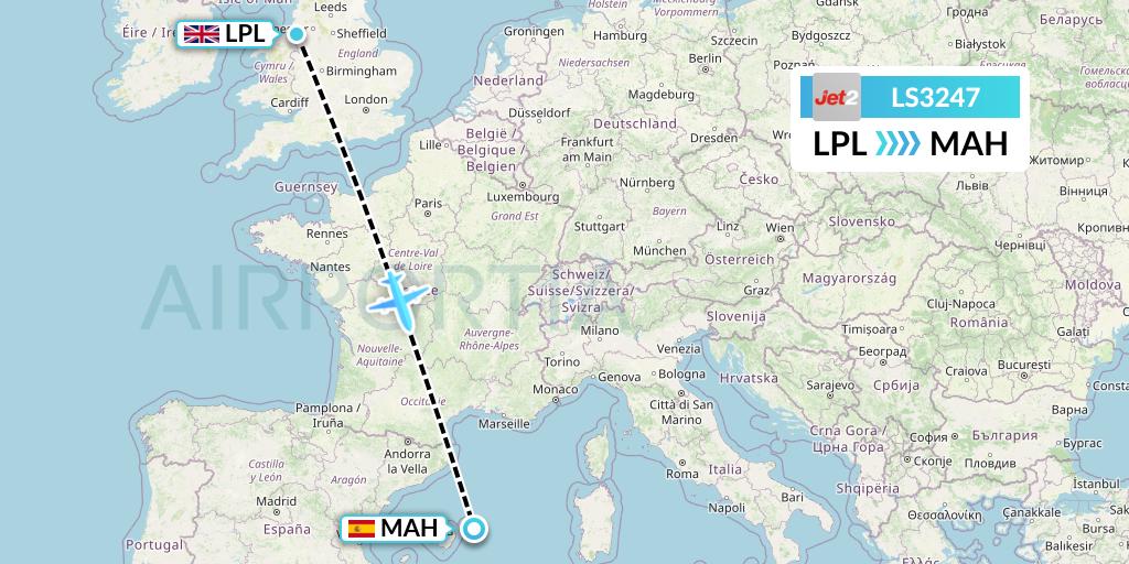LS3247 Jet2 Flight Map: Liverpool to Mahon