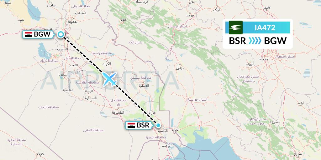 IA472 Iraqi Airways Flight Map: Basra to Baghdad