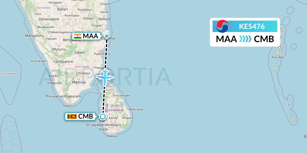 KE5476 Korean Air Flight Map: Chennai to Colombo