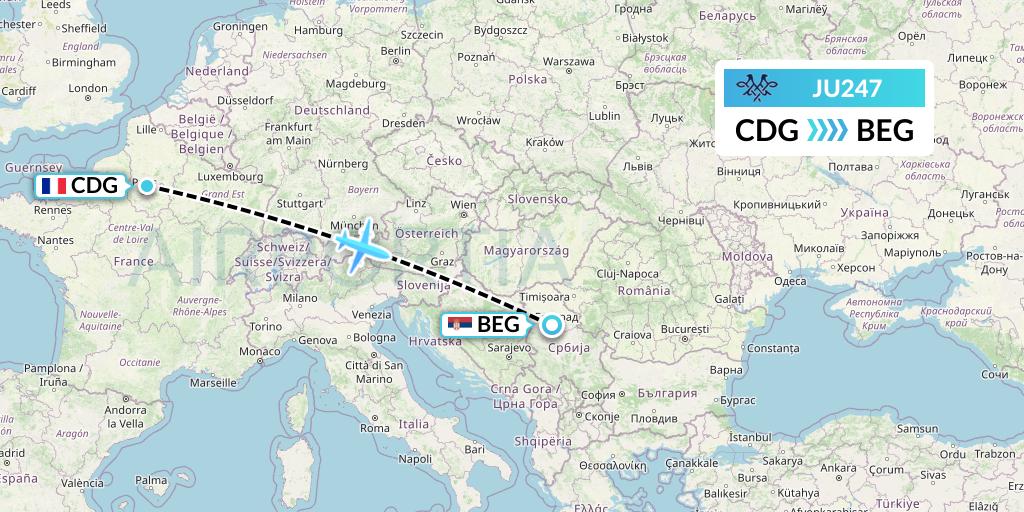 JU247 AirSERBIA Flight Map: Paris to Belgrade