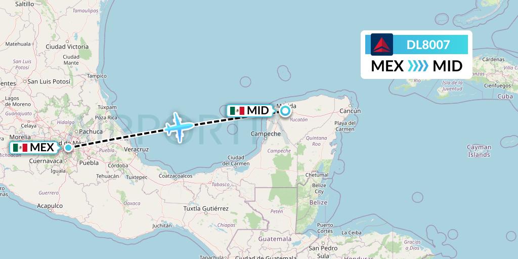 DL8007 Delta Air Lines Flight Map: Mexico City to Merida