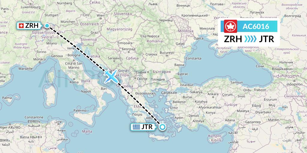 AC6016 Air Canada Flight Map: Zurich to Santorini