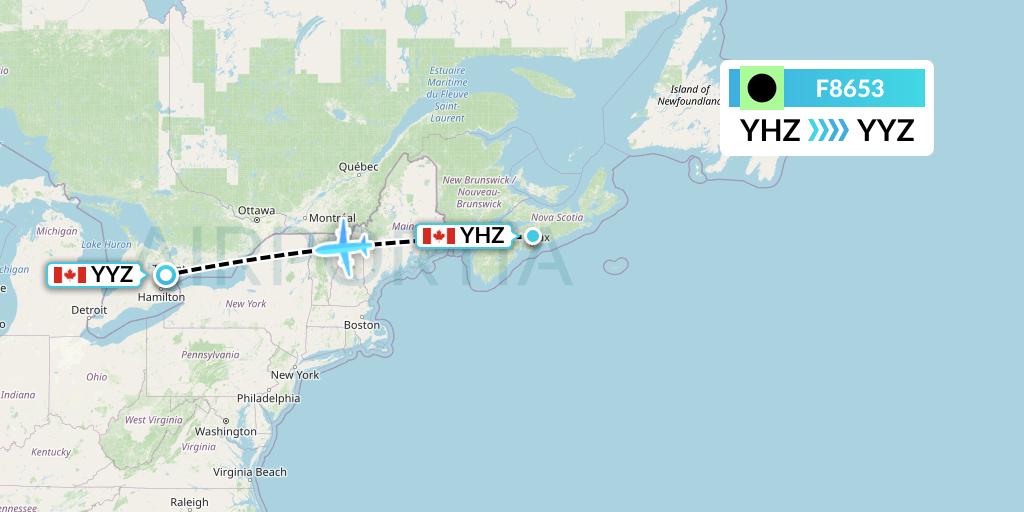 F8653 Flair Airlines Flight Map: Halifax to Toronto