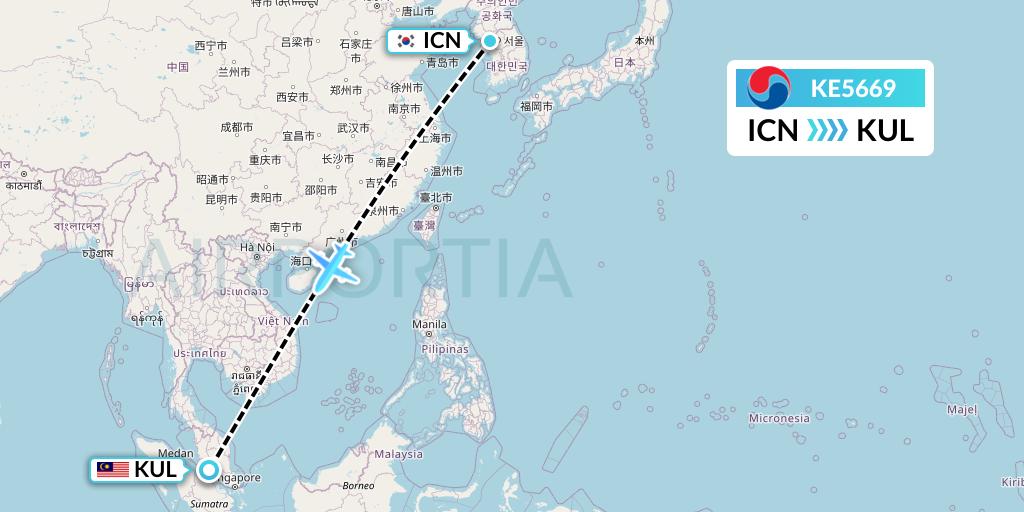 KE5669 Korean Air Flight Map: Seoul to Kuala Lumpur