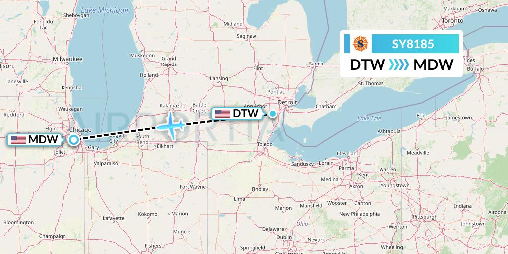 SY8185 Sun Country Airlines Flight Map: Detroit to Chicago