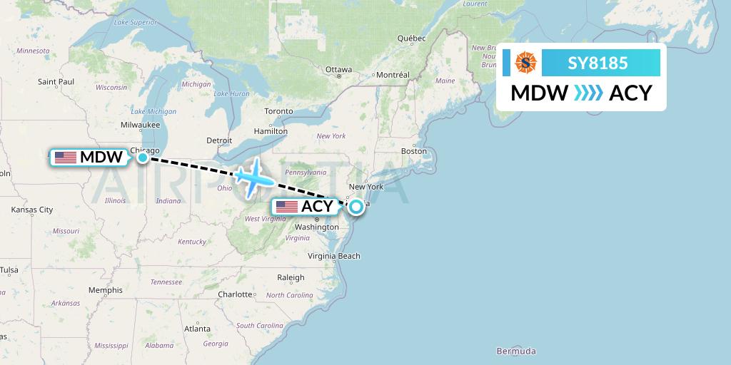SY8185 Sun Country Airlines Flight Map: Chicago to Atlantic City