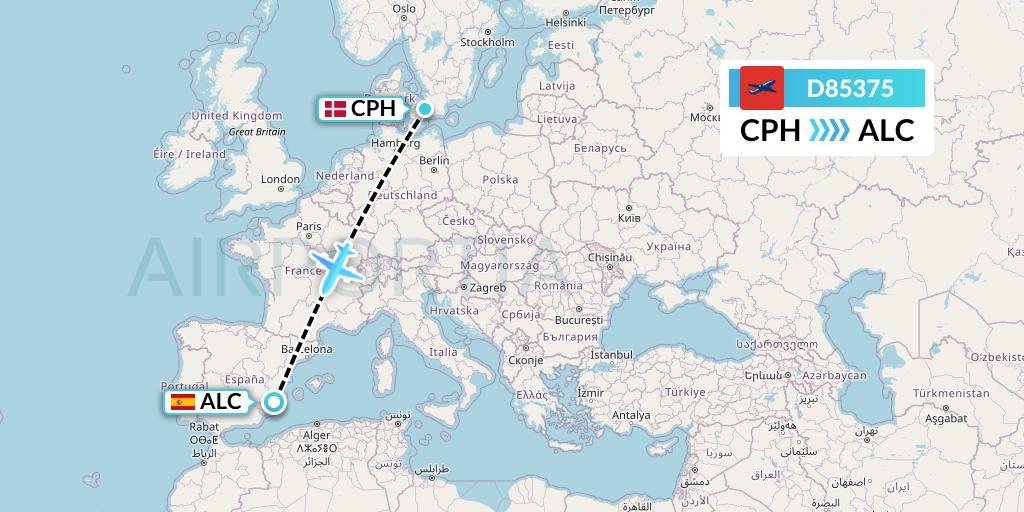 D85375 Norwegian Air International Flight Map: Copenhagen to Alicante