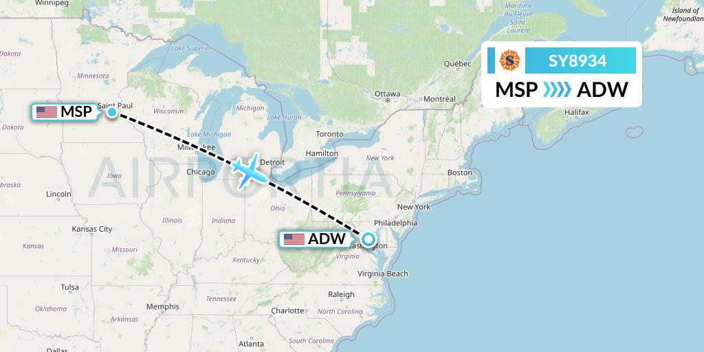 SY8934 Sun Country Airlines Flight Map: Minneapolis to Camp Springs