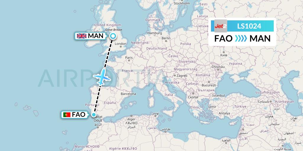 LS1024 Jet2 Flight Map: Faro to Manchester