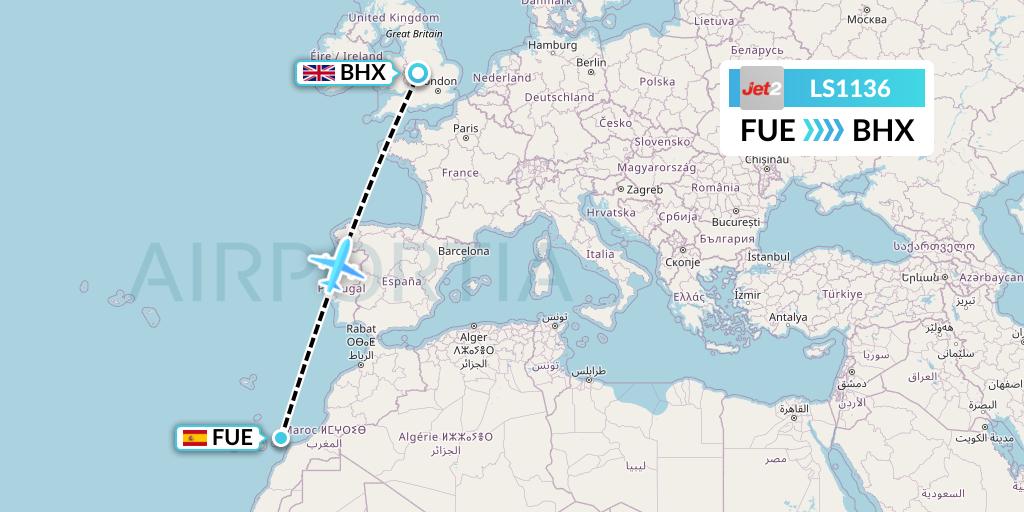 LS1136 Jet2 Flight Map: Fuerteventura to Birmingham