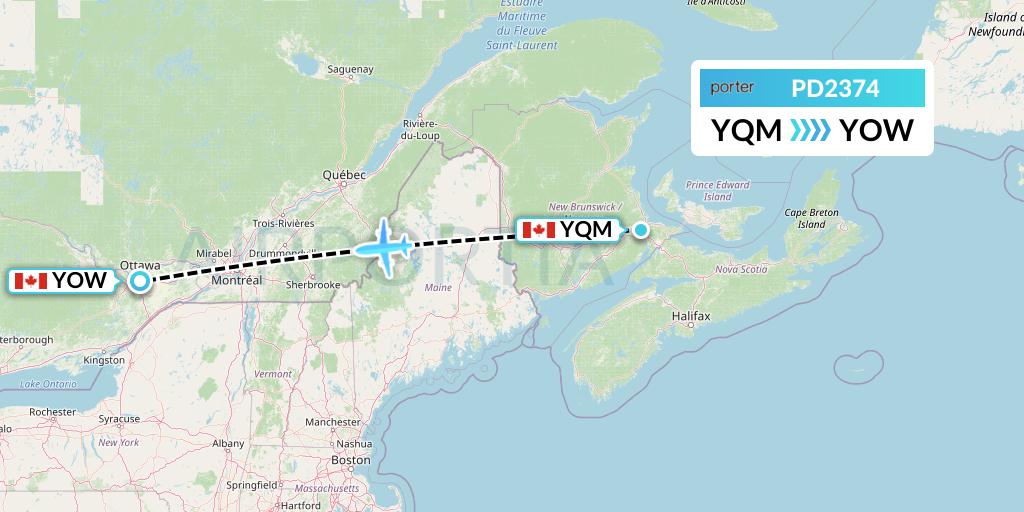 PD2374 Porter Airlines Flight Map: Moncton to Ottawa