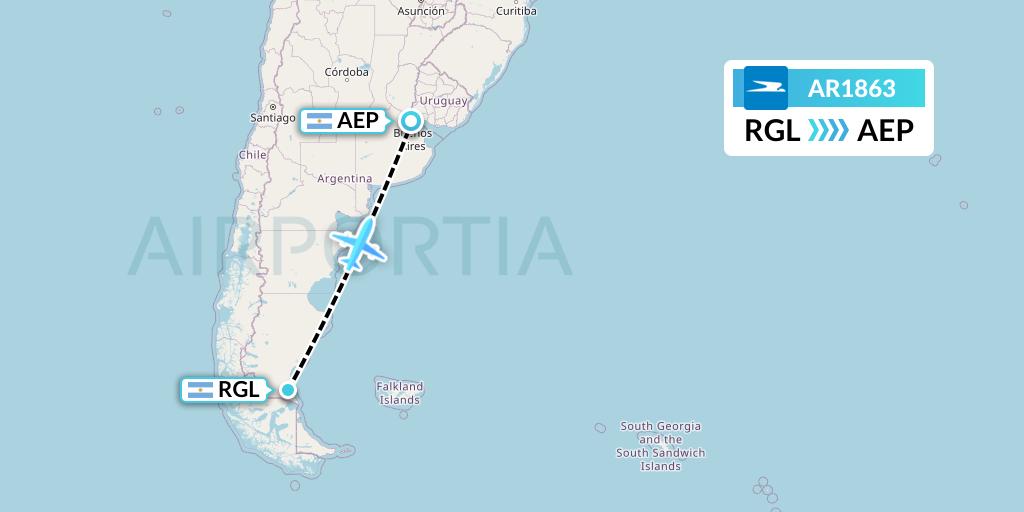 AR1863 Aerolineas Argentinas Flight Map: Rio Gallegos to Buenos Aires