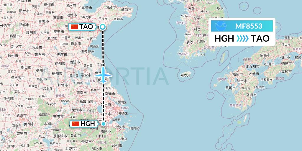 MF8553 Xiamen Airlines Flight Map: Hangzhou to Qingdao