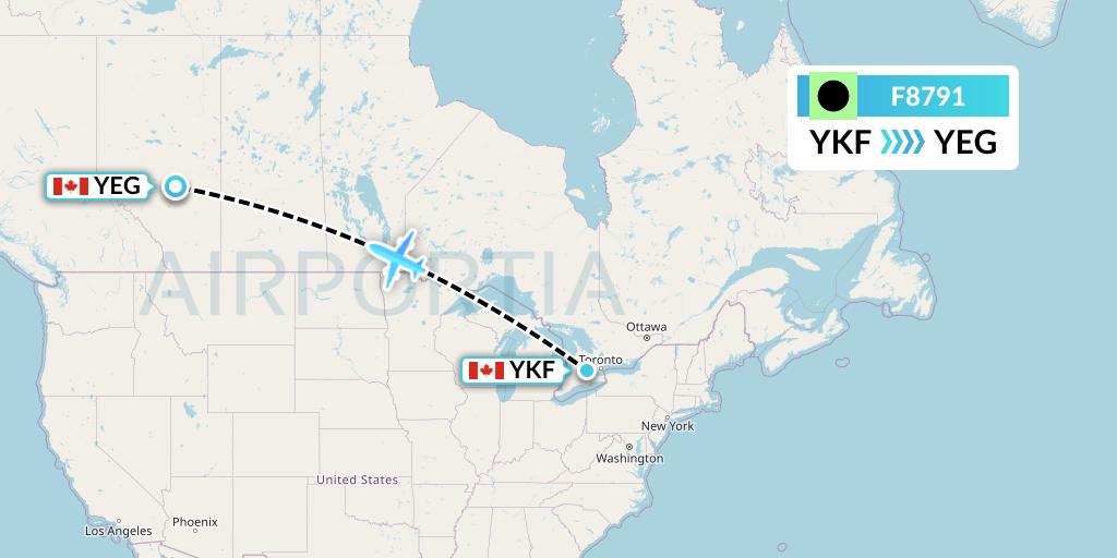 F8791 Flair Airlines Flight Map: Waterloo to Edmonton