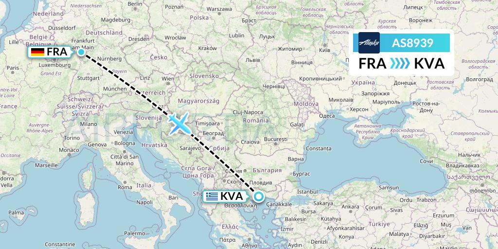 AS8939 Alaska Airlines Flight Map: Frankfurt to Kavala