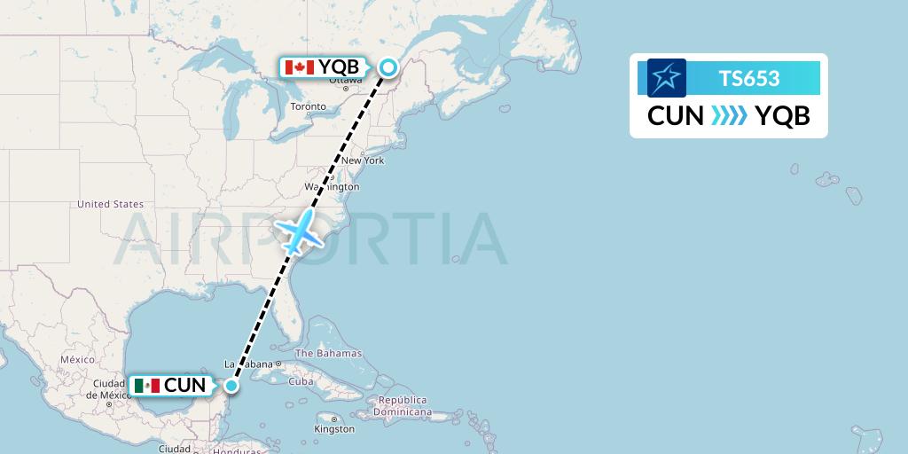 TS653 Air Transat Flight Map: Cancun to Quebec