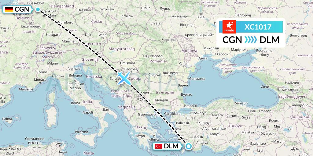 XC1017 Corendon Airlines Flight Map: Cologne to Dalaman