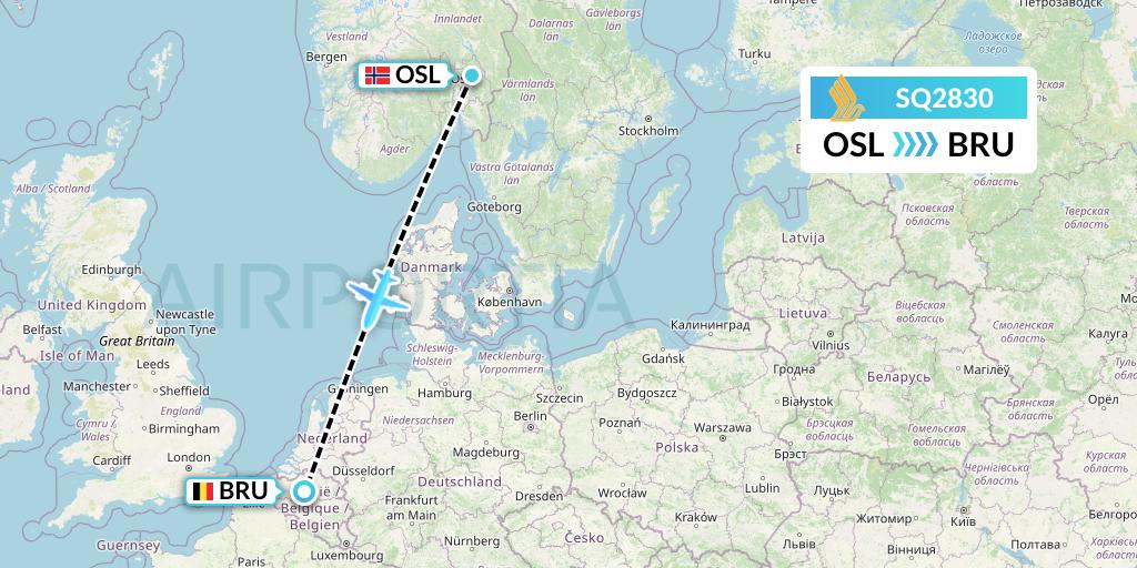 SQ2830 Singapore Airlines Flight Map: Oslo to Brussels