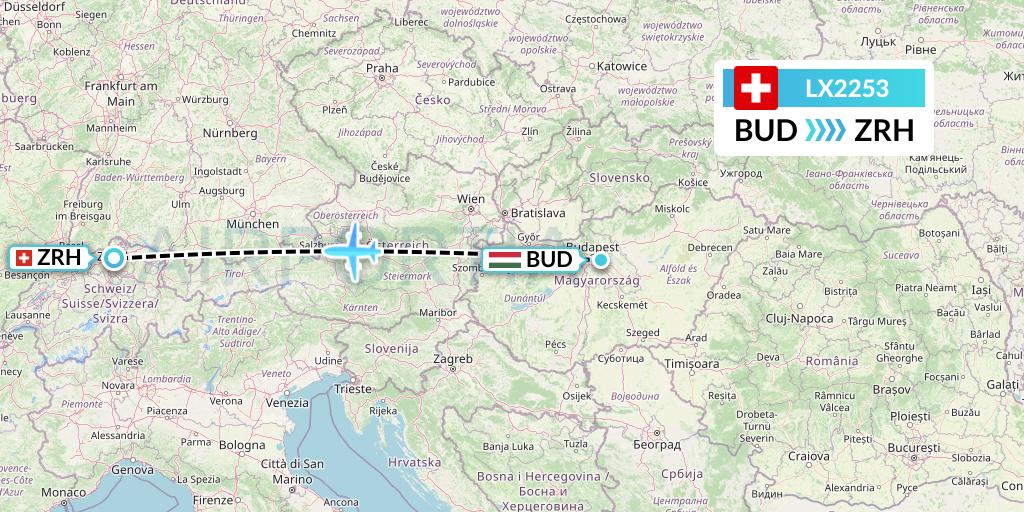 LX2253 Swiss Flight Map: Budapest to Zurich
