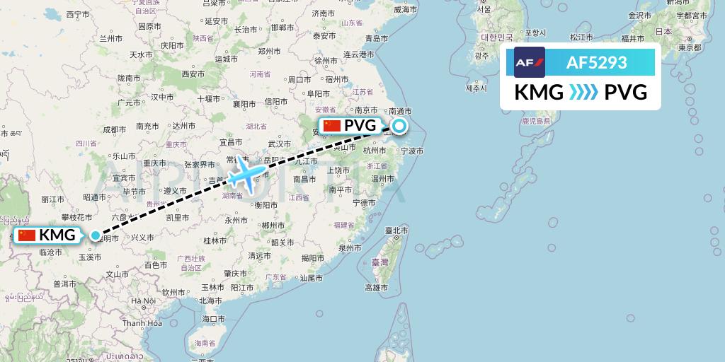 AF5293 Air France Flight Map: Kunming to Shanghai