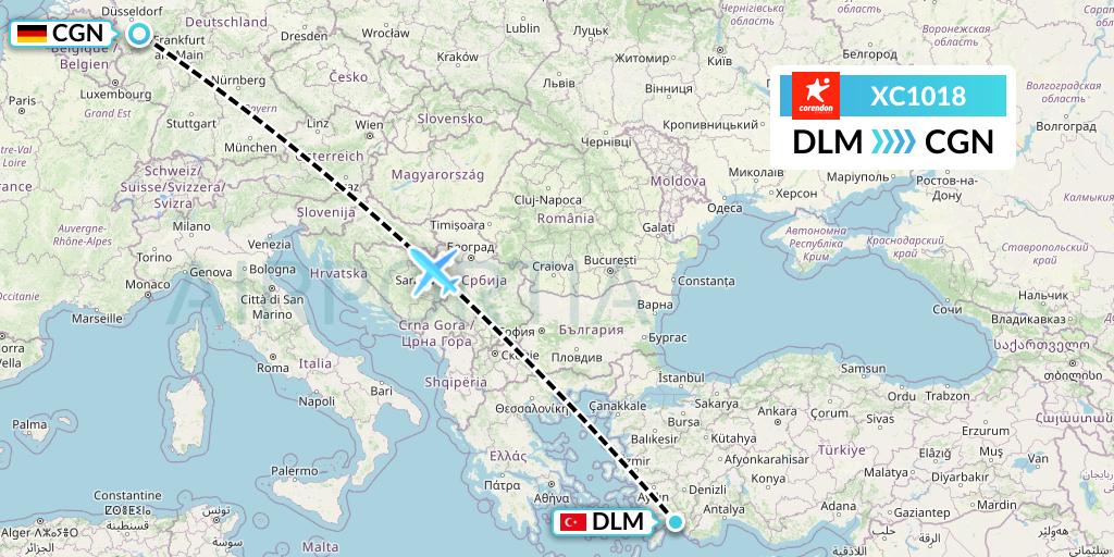 XC1018 Corendon Airlines Flight Map: Dalaman to Cologne