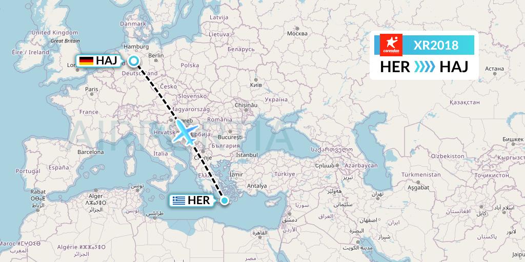 XR2018 Corendon Airlines Europe Flight Map: Heraklion to Hannover